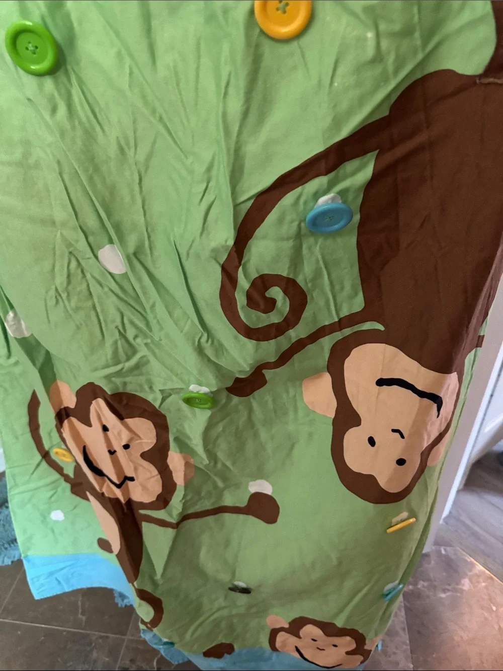 2 Monkey Hanging  shower curtain  Green and Blue